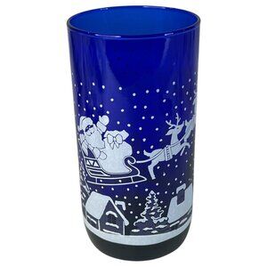 Vintage Cobalt Blue Christmas Glass Santa Claus Sleigh & Reindeer 5 3/4” Tall